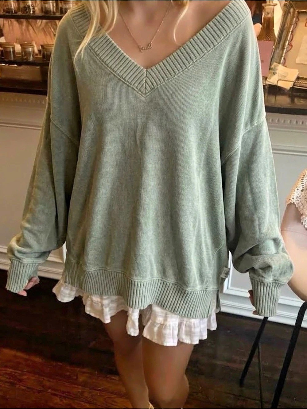 aerie Sage Green Oversized V-Neck Off the Shoulder Sweater Size Small